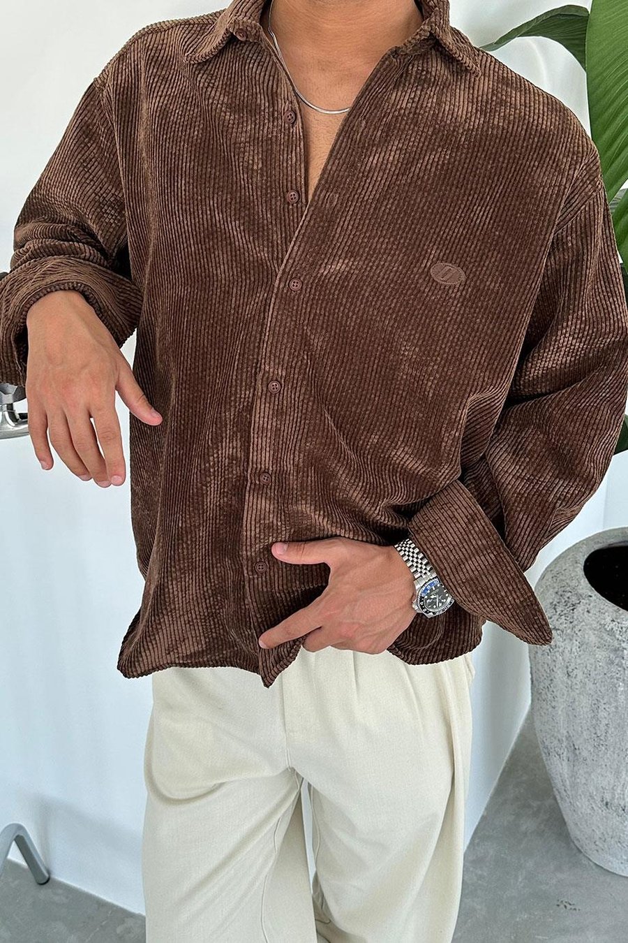 Kahverengi Fitilli Kadife Oversize Gömlek