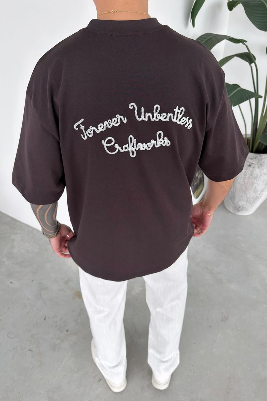 Kahverengi Forever Nakışlı Premium Oversize Tişört