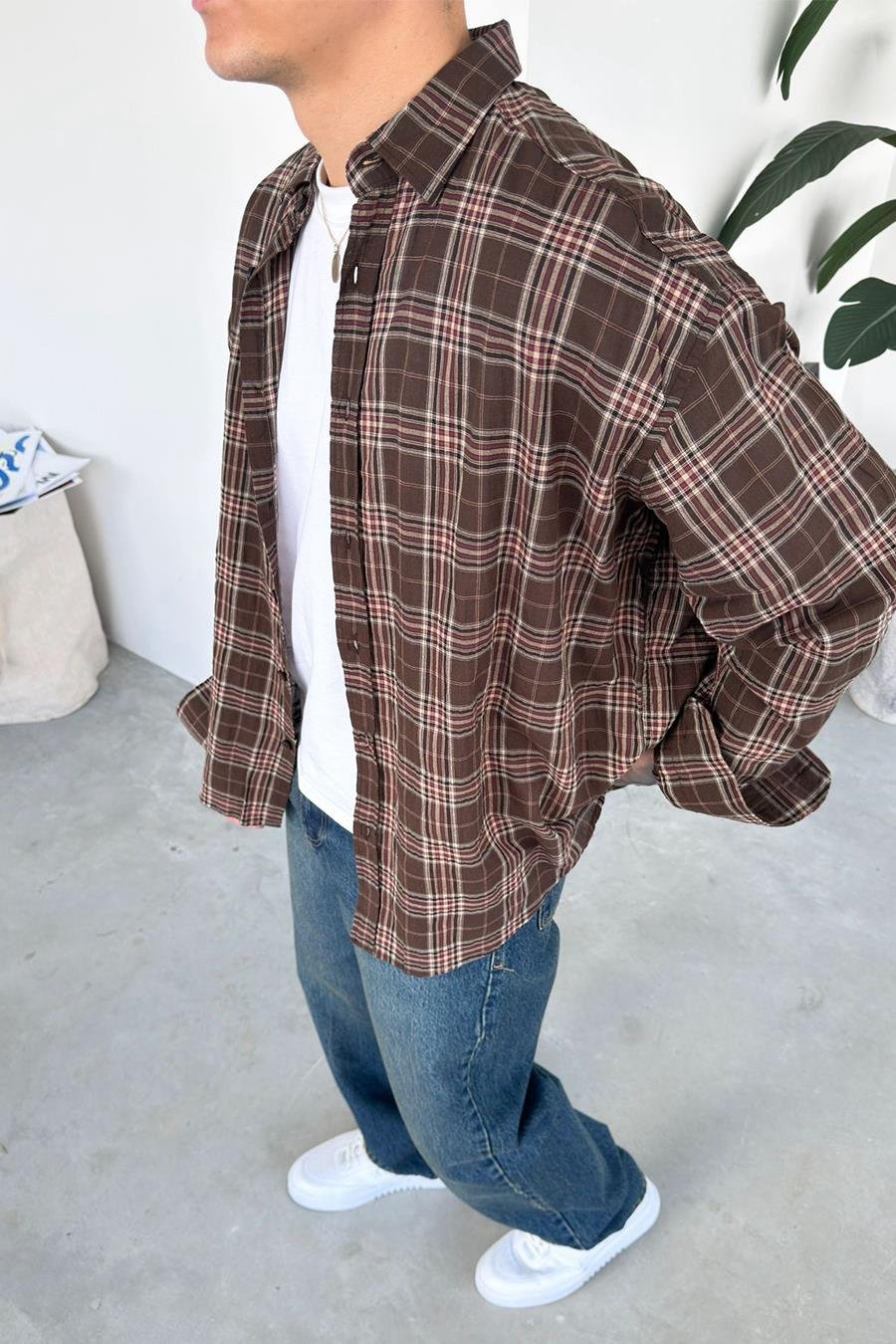 Kahverengi Kareli Oversize Oduncu Gömleği