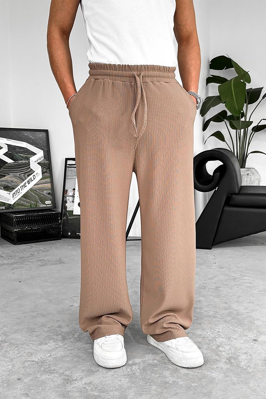 Kahverengi Likralı Fitilli Baggy Pantolon