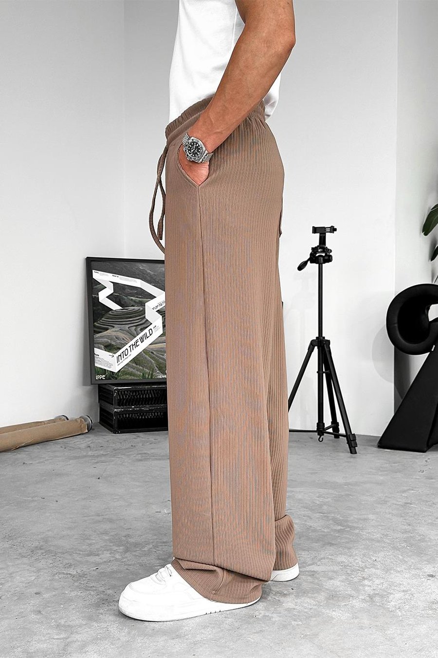Kahverengi Likralı Fitilli Baggy Pantolon