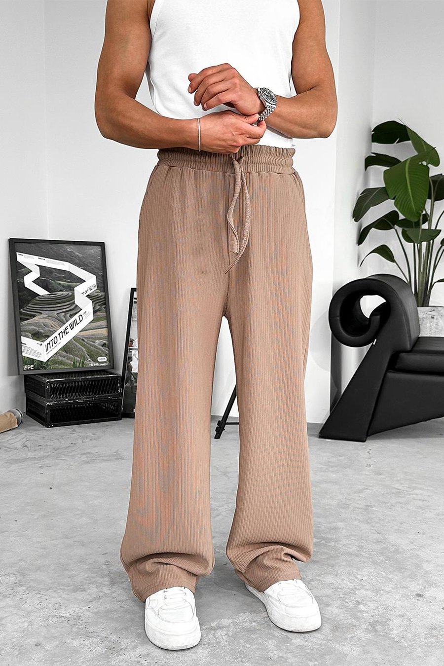 Kahverengi Likralı Fitilli Baggy Pantolon