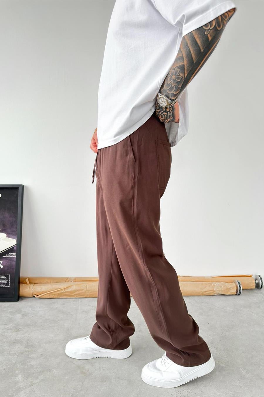 Kahverengi Modal Kumaş Baggy Pantolon