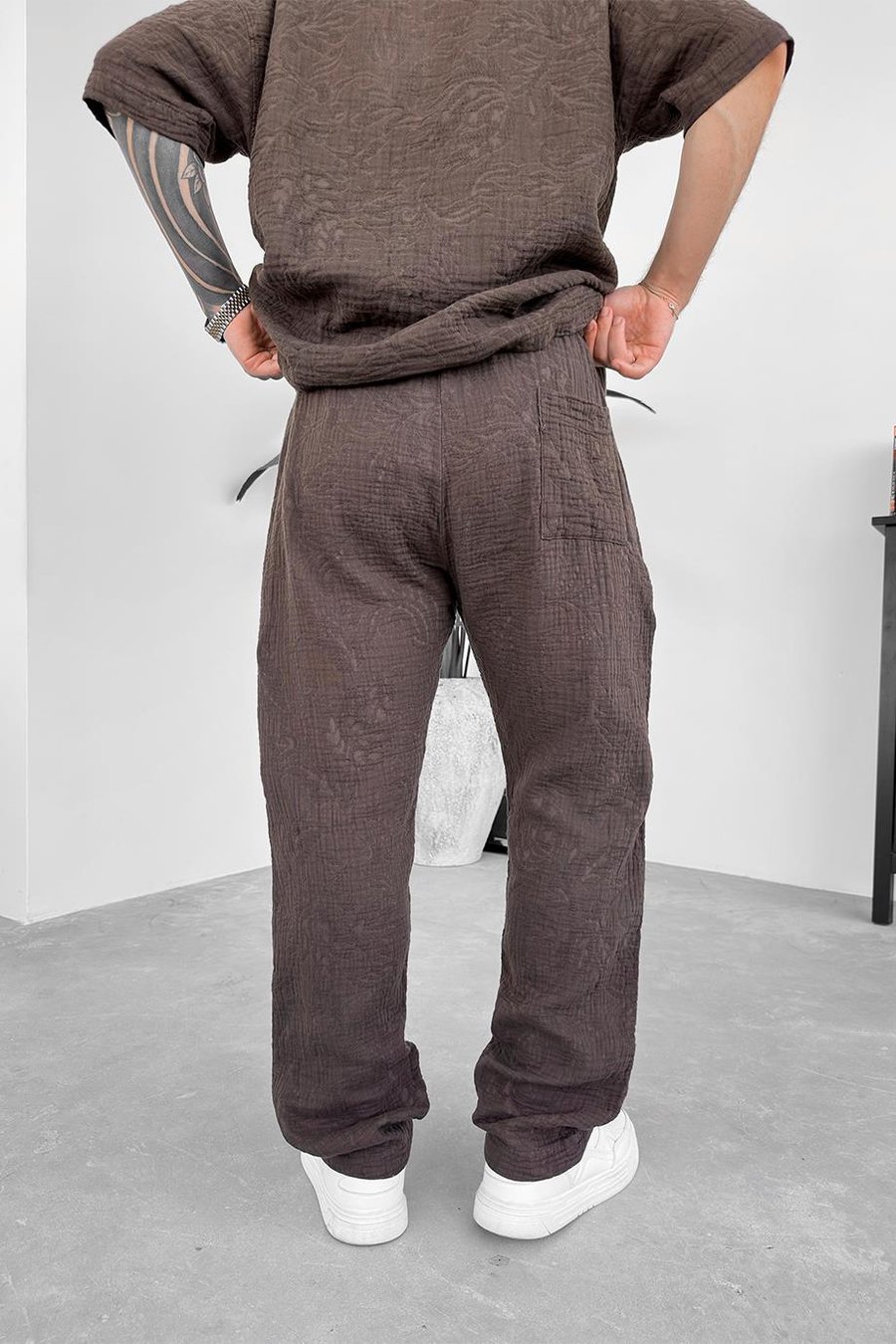 Kahverengi Müslin Flower Kabartma Detay Baggy Pantolon