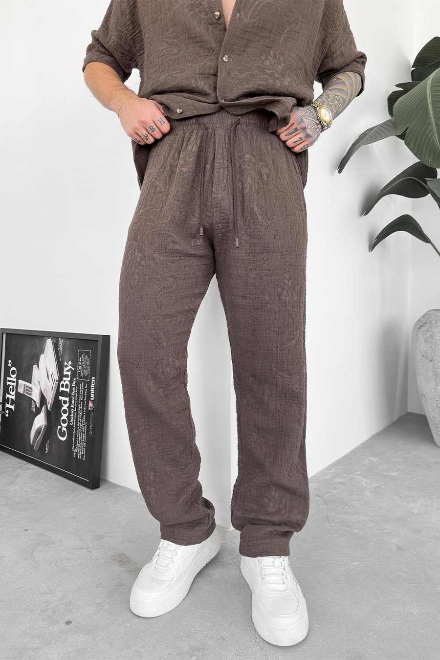 Kahverengi Müslin Flower Kabartma Detay Baggy Pantolon