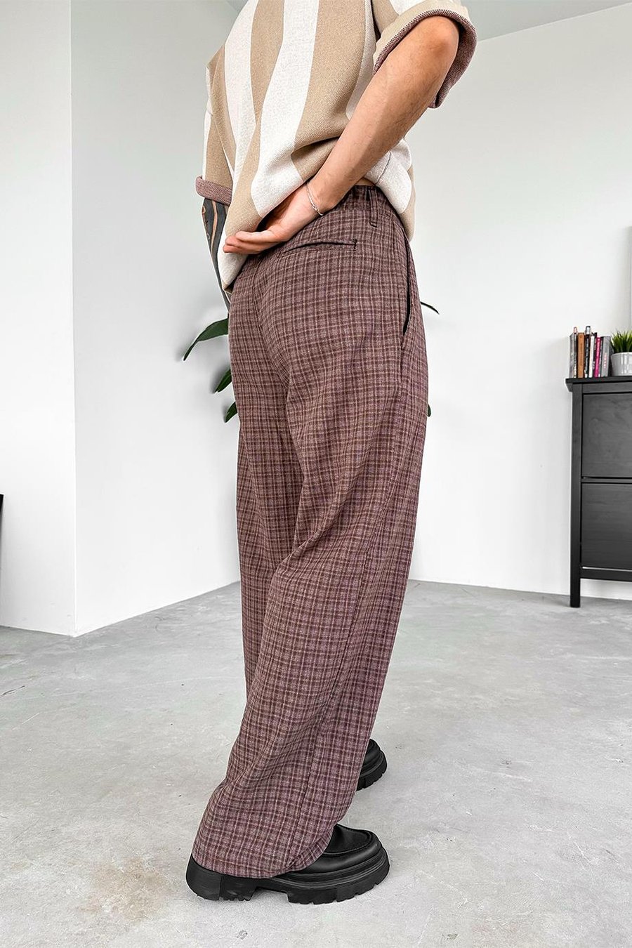 Kahverengi Old Money Pileli Ekose Baggy Pantolon
