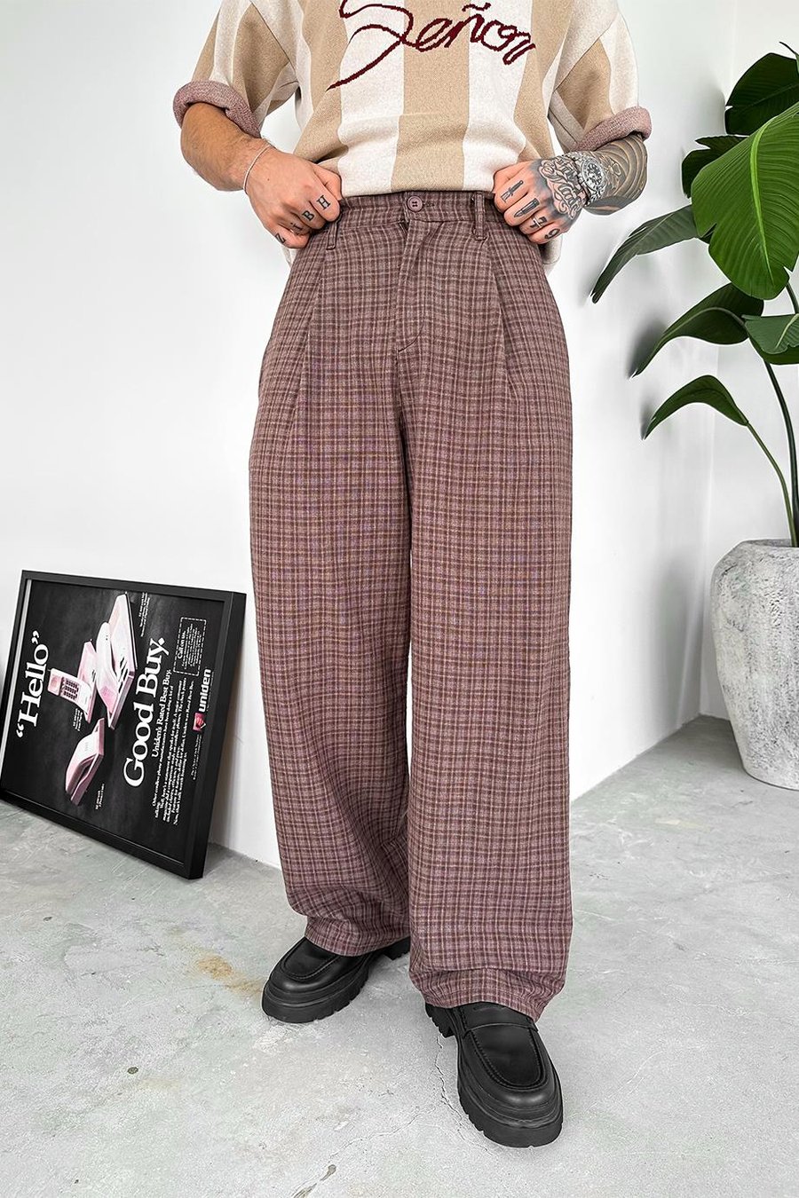 Kahverengi Old Money Pileli Ekose Baggy Pantolon