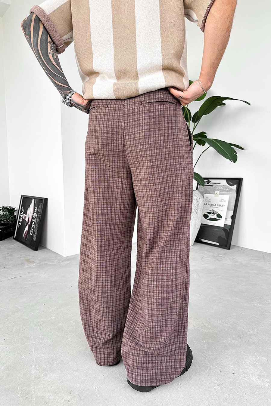 Kahverengi Old Money Pileli Ekose Baggy Pantolon