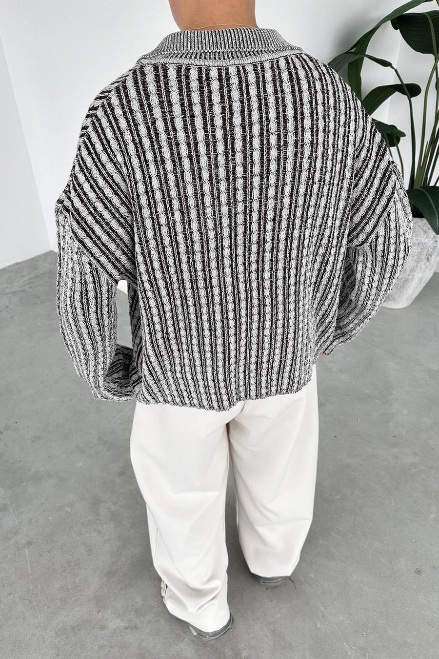 Kahverengi Örgü Desenli Premium Oversize Polo Yaka Kazak