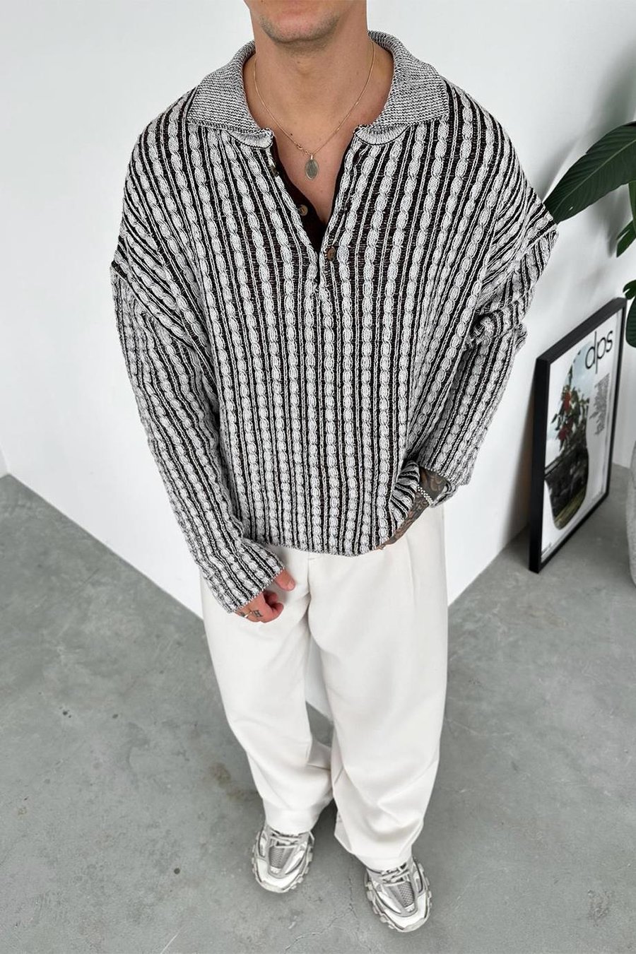 Kahverengi Örgü Desenli Premium Oversize Polo Yaka Kazak