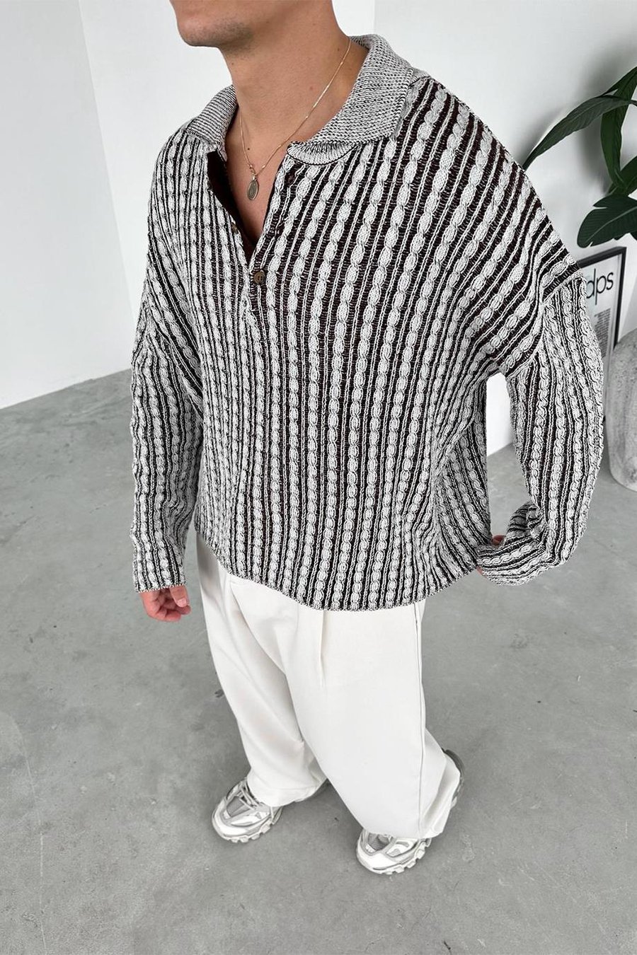 Kahverengi Örgü Desenli Premium Oversize Polo Yaka Kazak