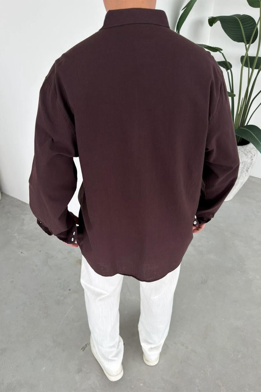 Kahverengi Oversize Fresh Keten Gömlek
