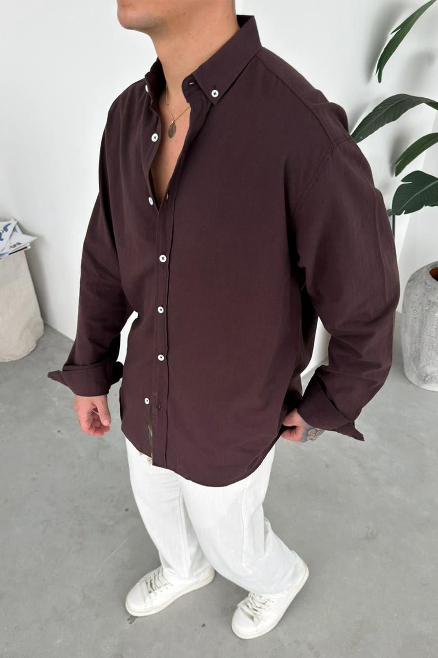 Kahverengi Oversize Fresh Keten Gömlek