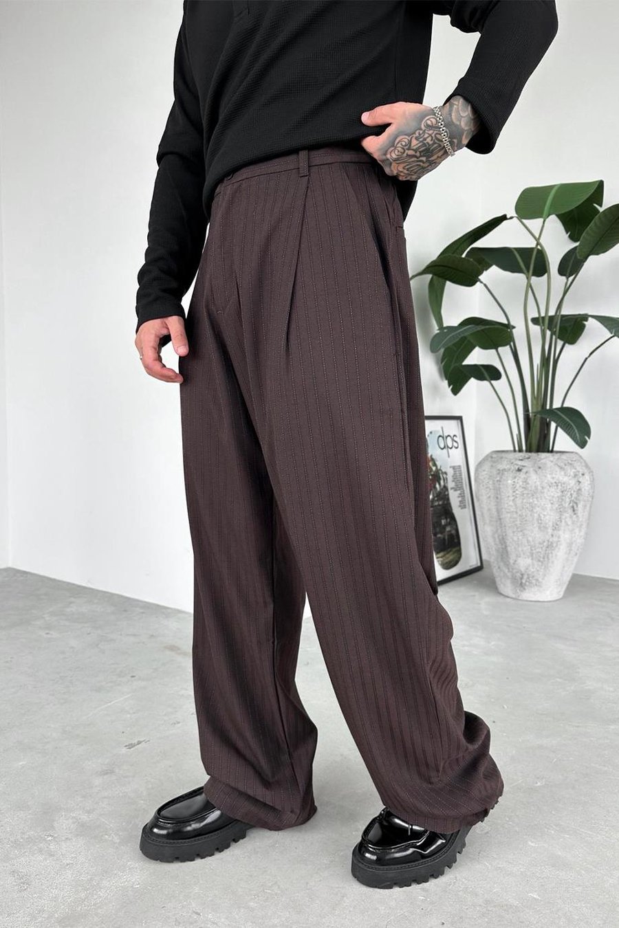 Kahverengi Parfe Çizgili Beli Lastikli Premium Kumaş Pantolon