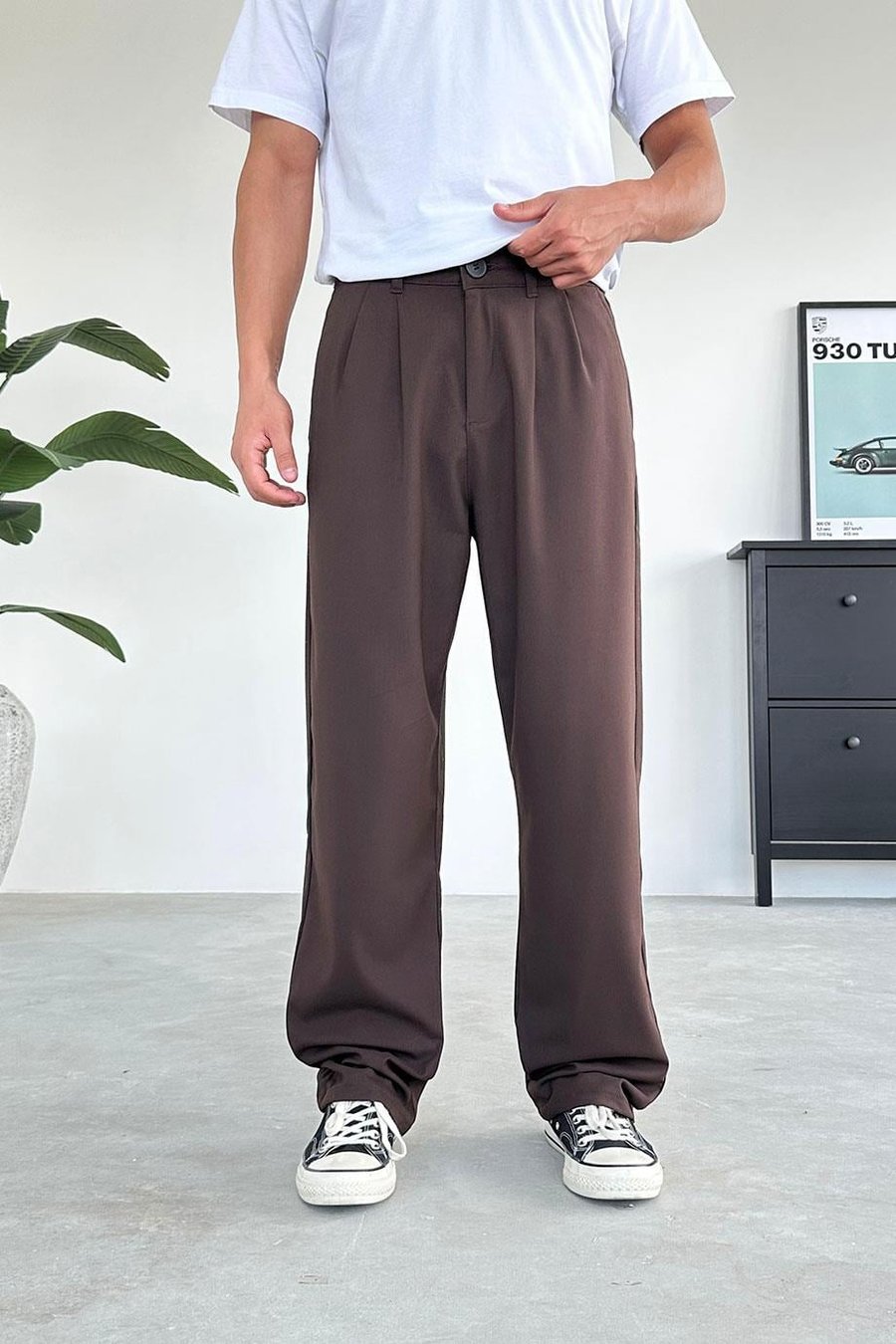 Kahverengi Pile Detay Kumaş Baggy Pantolon