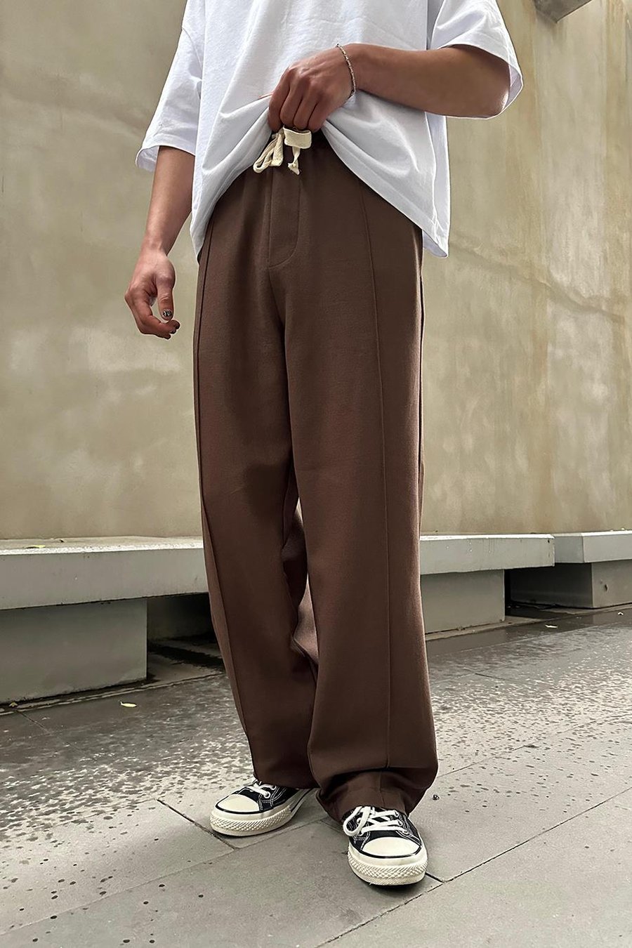 Kahverengi Pile Detaylı Beli Lastikli K3 EE Baggy Pantolon