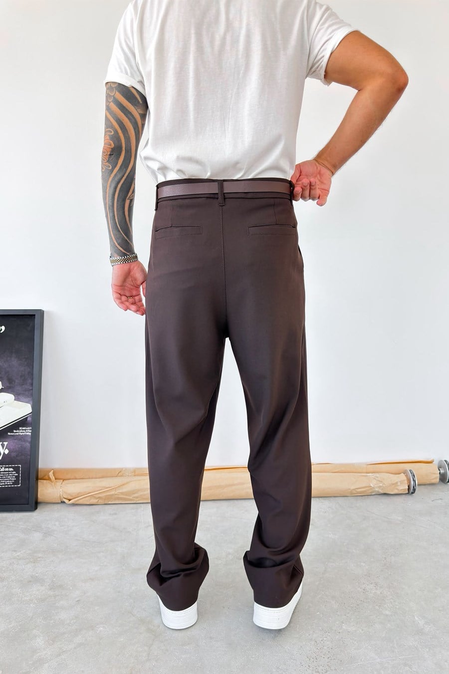 Kahverengi Pileli Baggy Fit Kumaş Pantolon