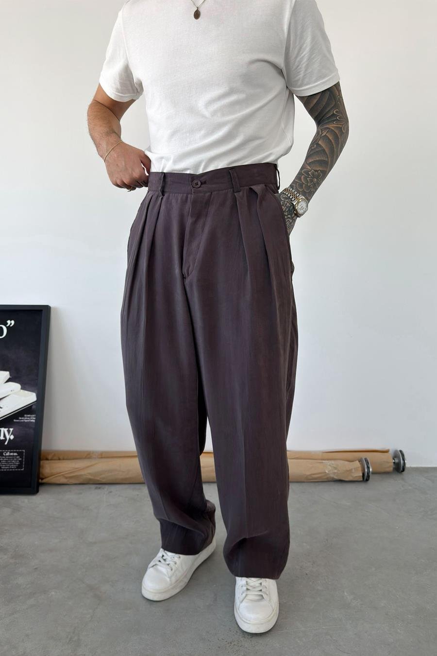 Kahverengi Pileli Modal Kumaş Baggy Pantolon