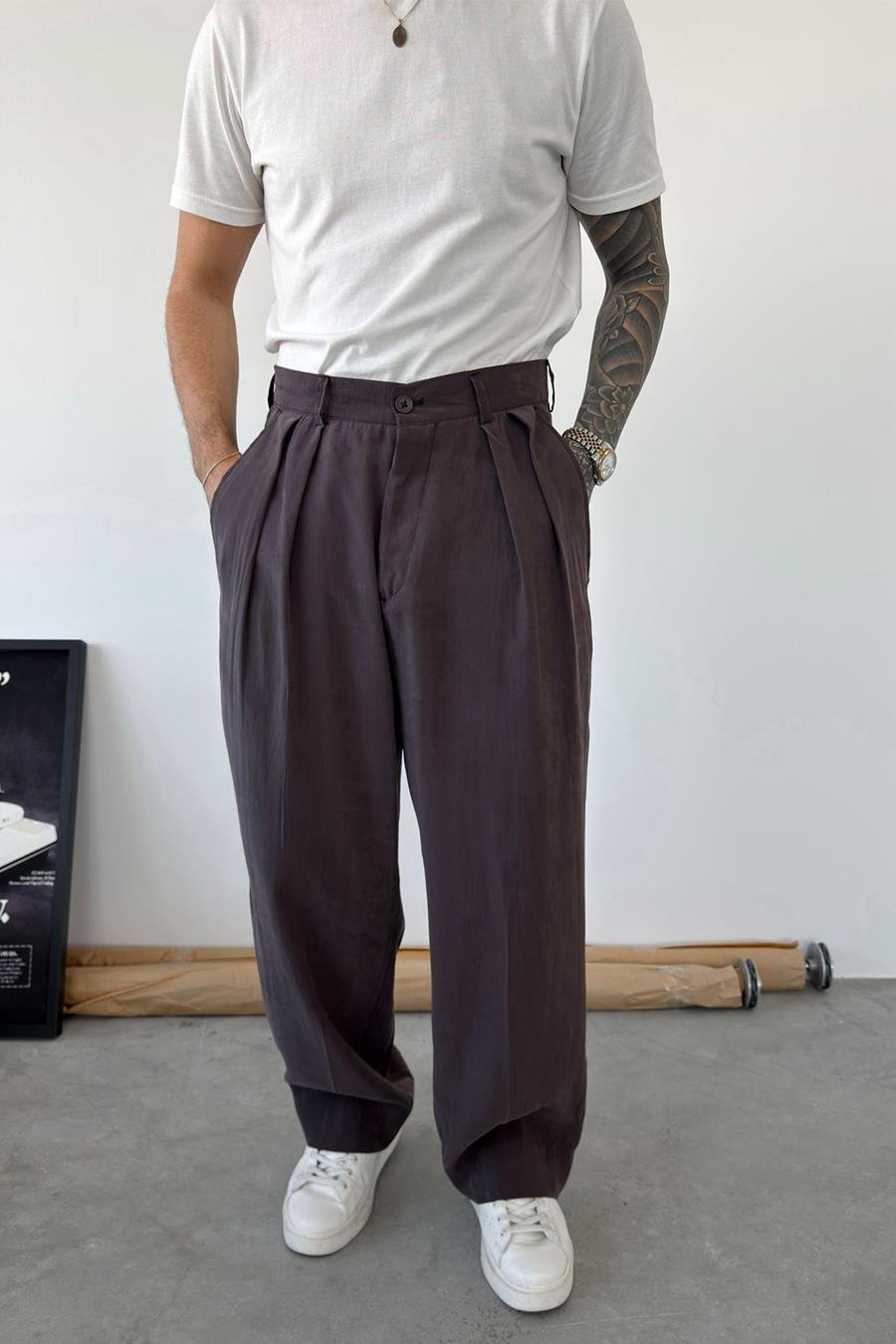 Kahverengi Pileli Modal Kumaş Baggy Pantolon