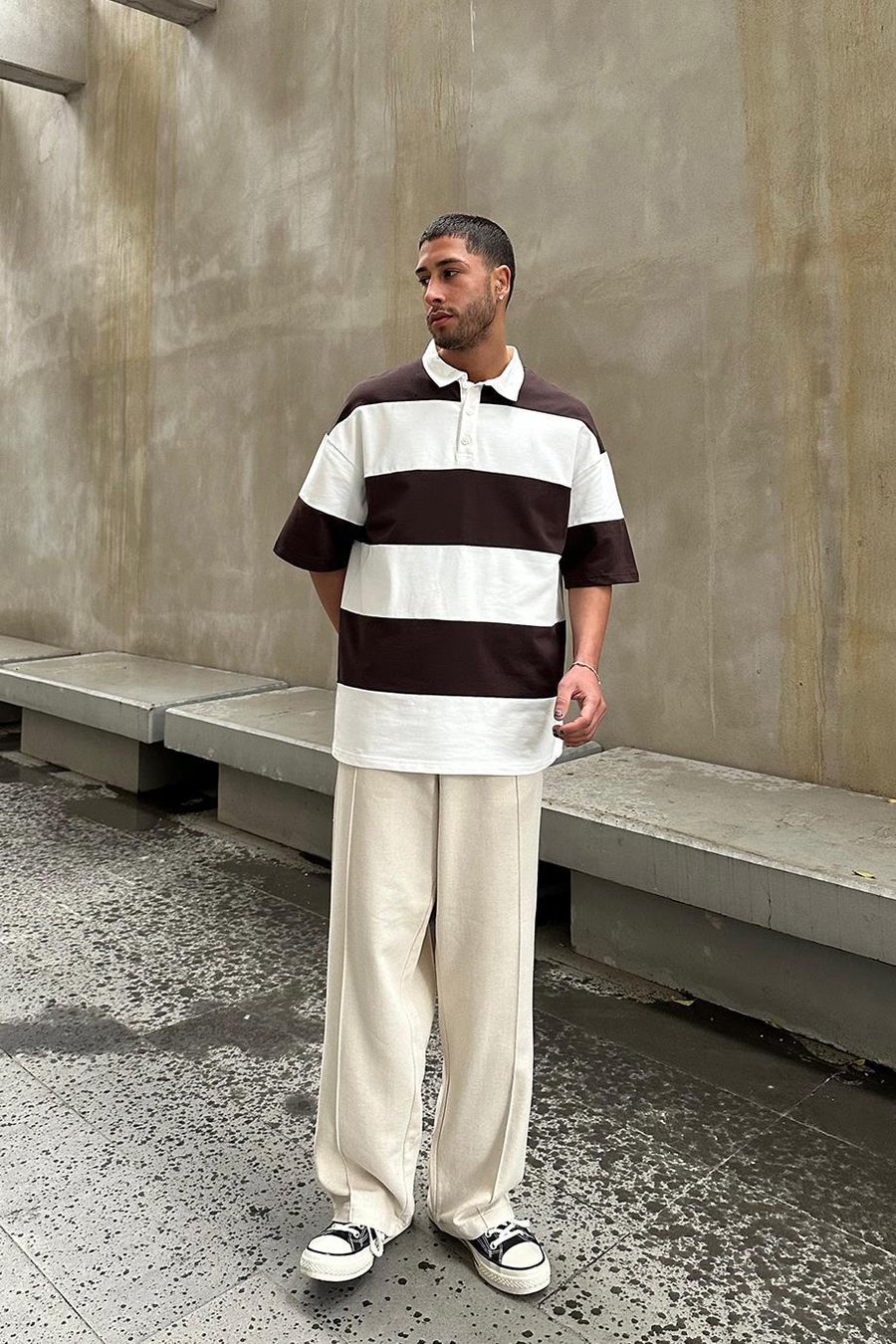 Kahverengi Polo Yaka  Çizgili EE Oversize Tişört