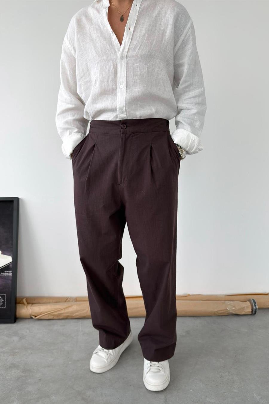 Kahverengi Premium Baggy Keten Pantolon