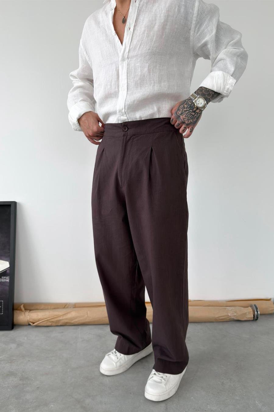 Kahverengi Premium Baggy Keten Pantolon