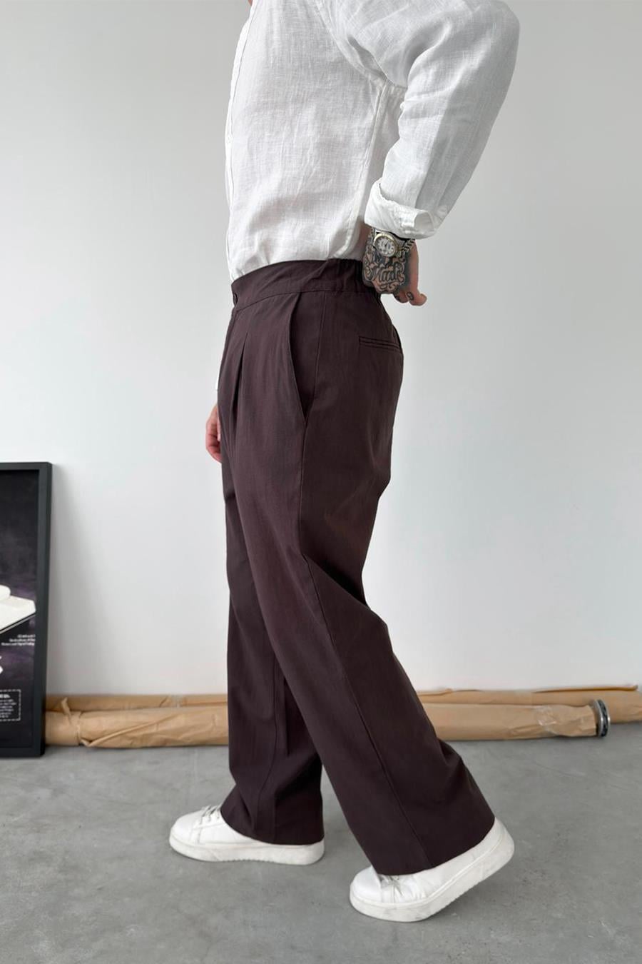 Kahverengi Premium Baggy Keten Pantolon