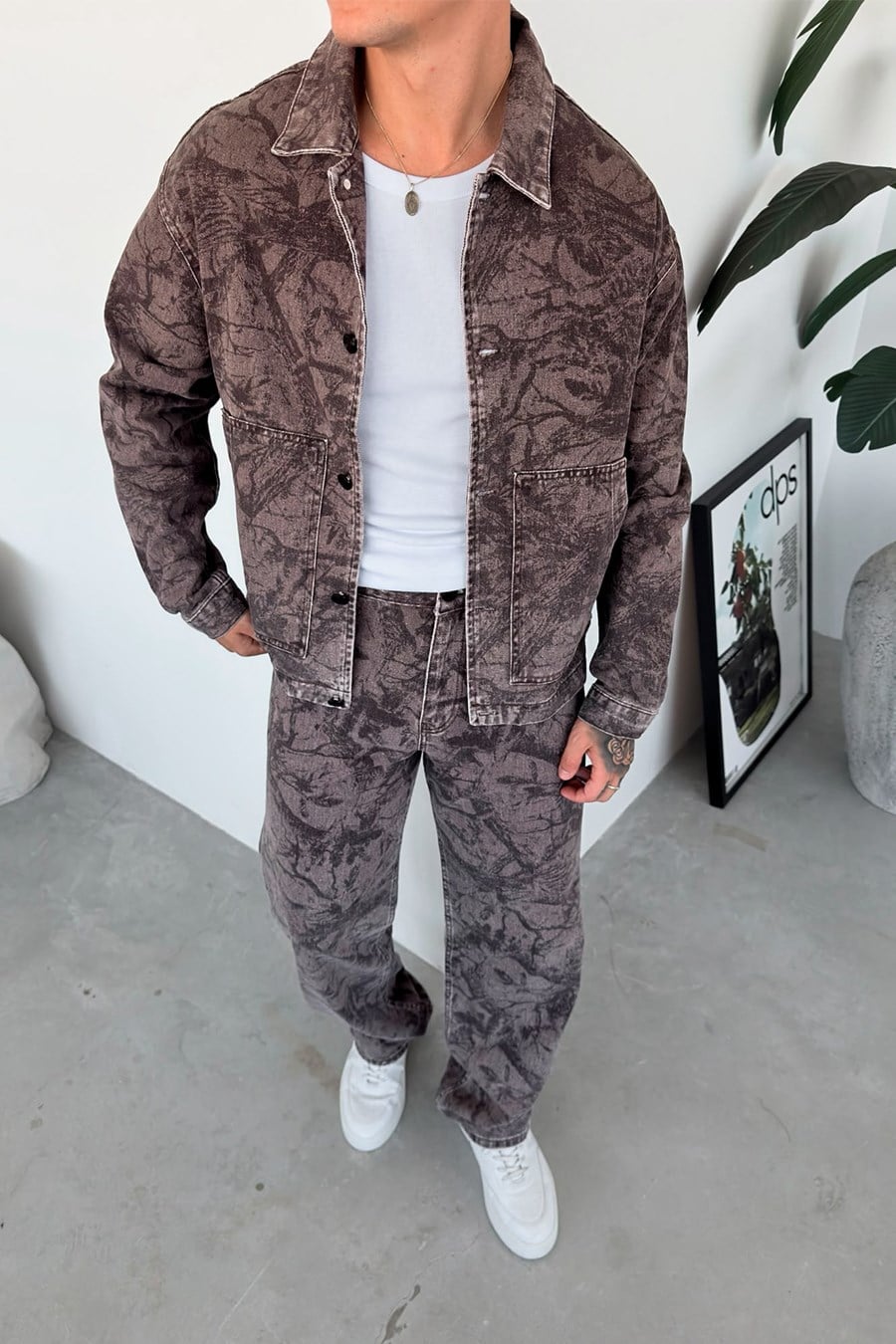 Kahverengi Premium Baskılı Denim Takım