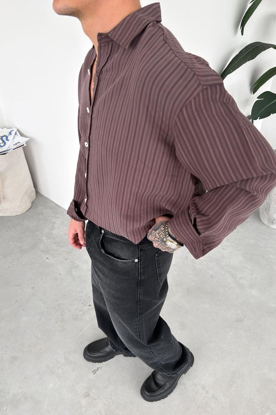 Kahverengi Premium Çizgili Oversize Gömlek