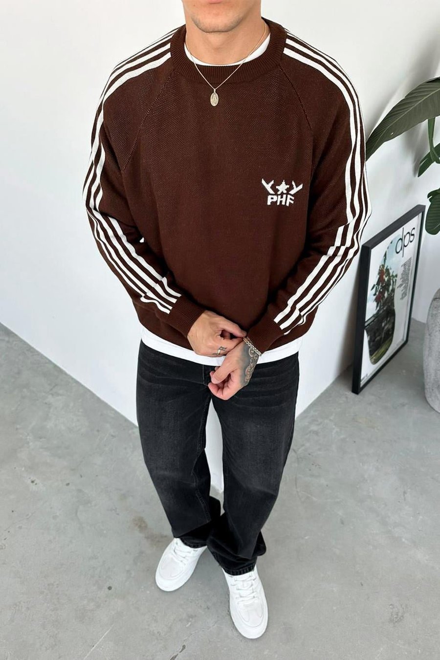 Kahverengi Şerit Detay Baskılı Oversize Sweat