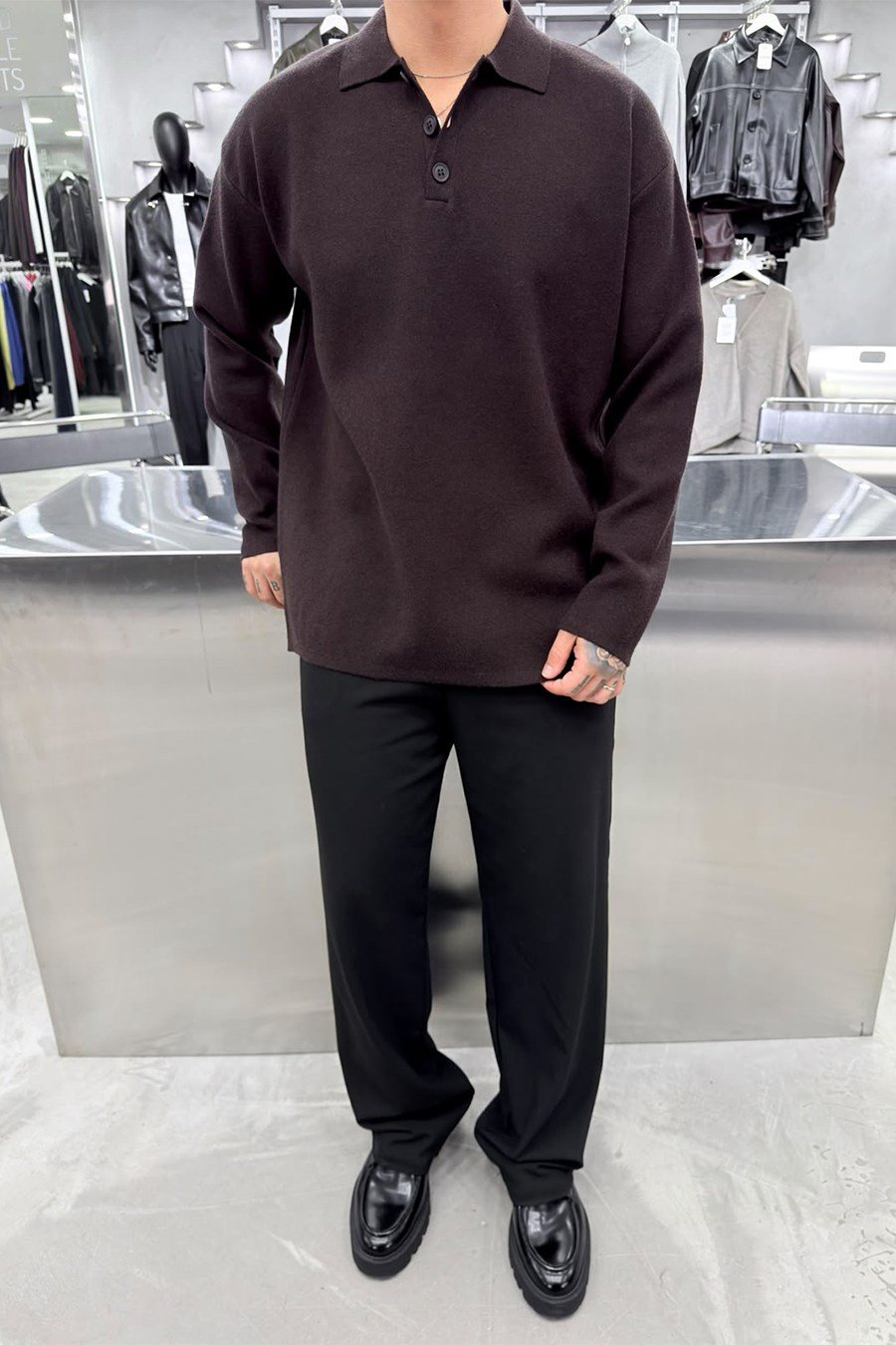 Kahverengi Soft Premium Oversize Triko Polo Yaka Kazak