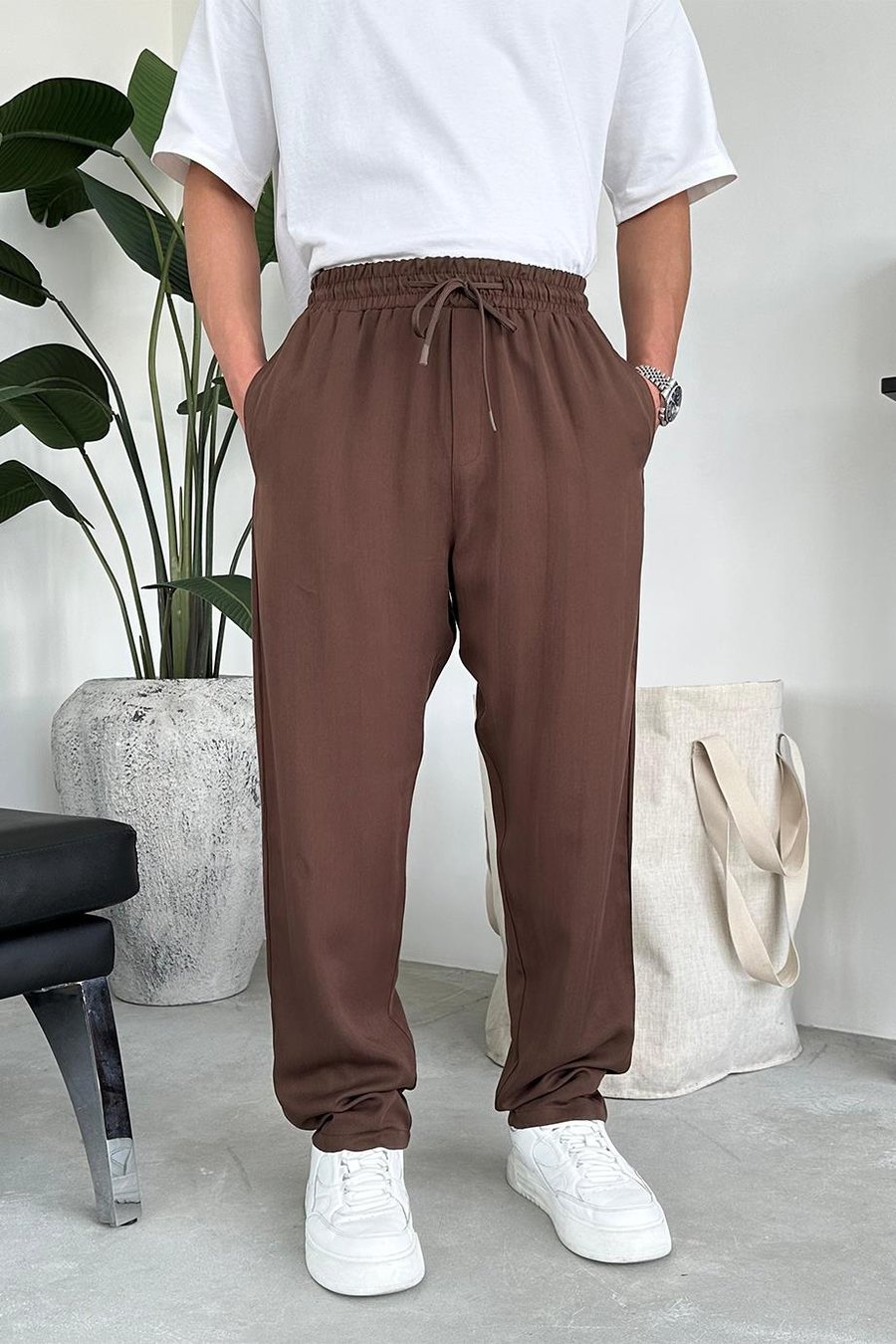 Kahverengi Tensel Kumaş Basic Baggy Pantolon