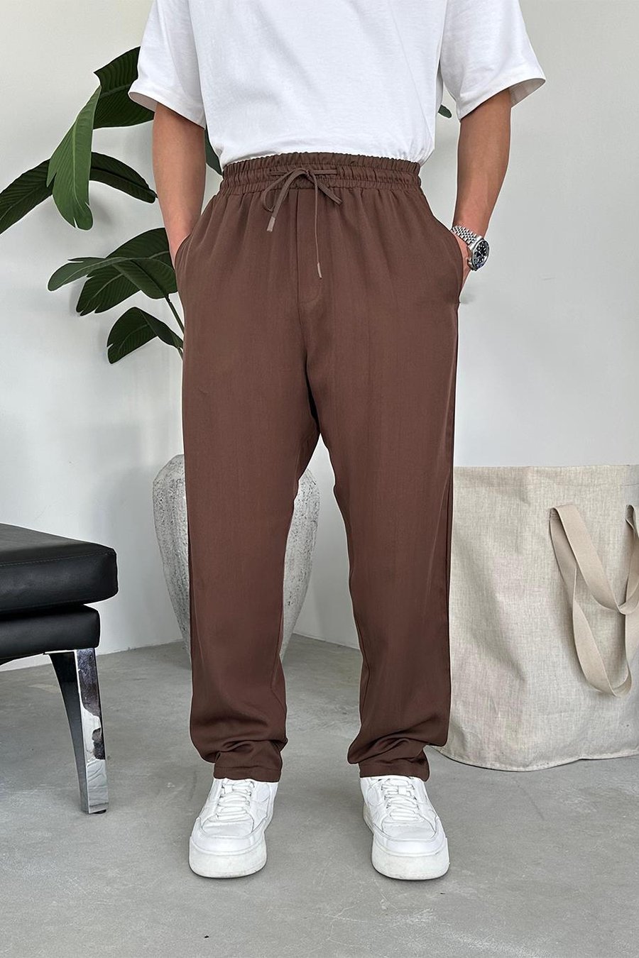Kahverengi Tensel Kumaş Basic Baggy Pantolon