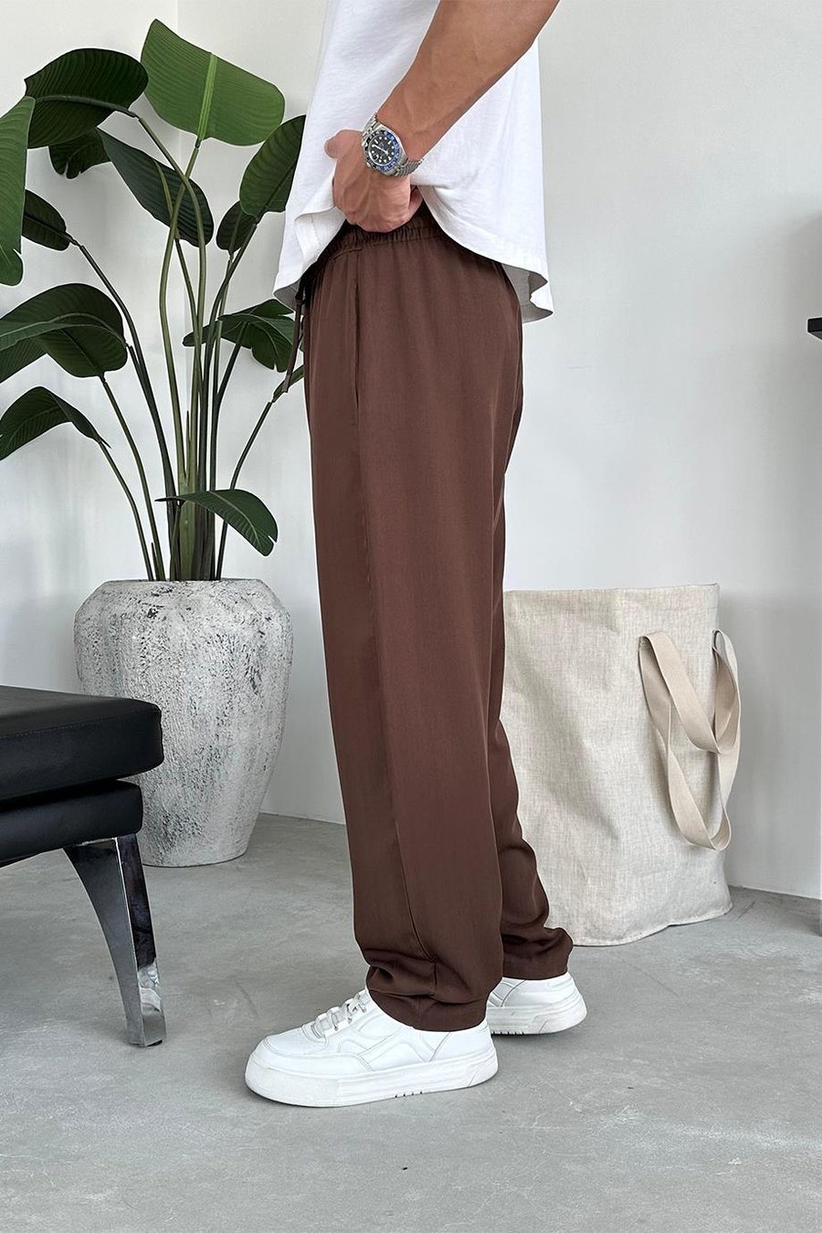 Kahverengi Tensel Kumaş Basic Baggy Pantolon