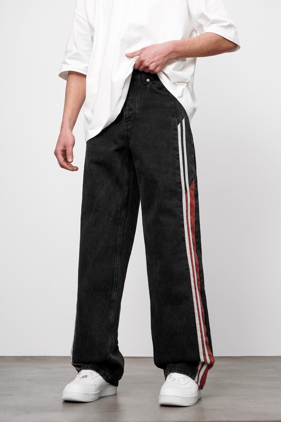 Kırmızı Patch Çizgili Siyah Dokulu GD Baggy Pantolon