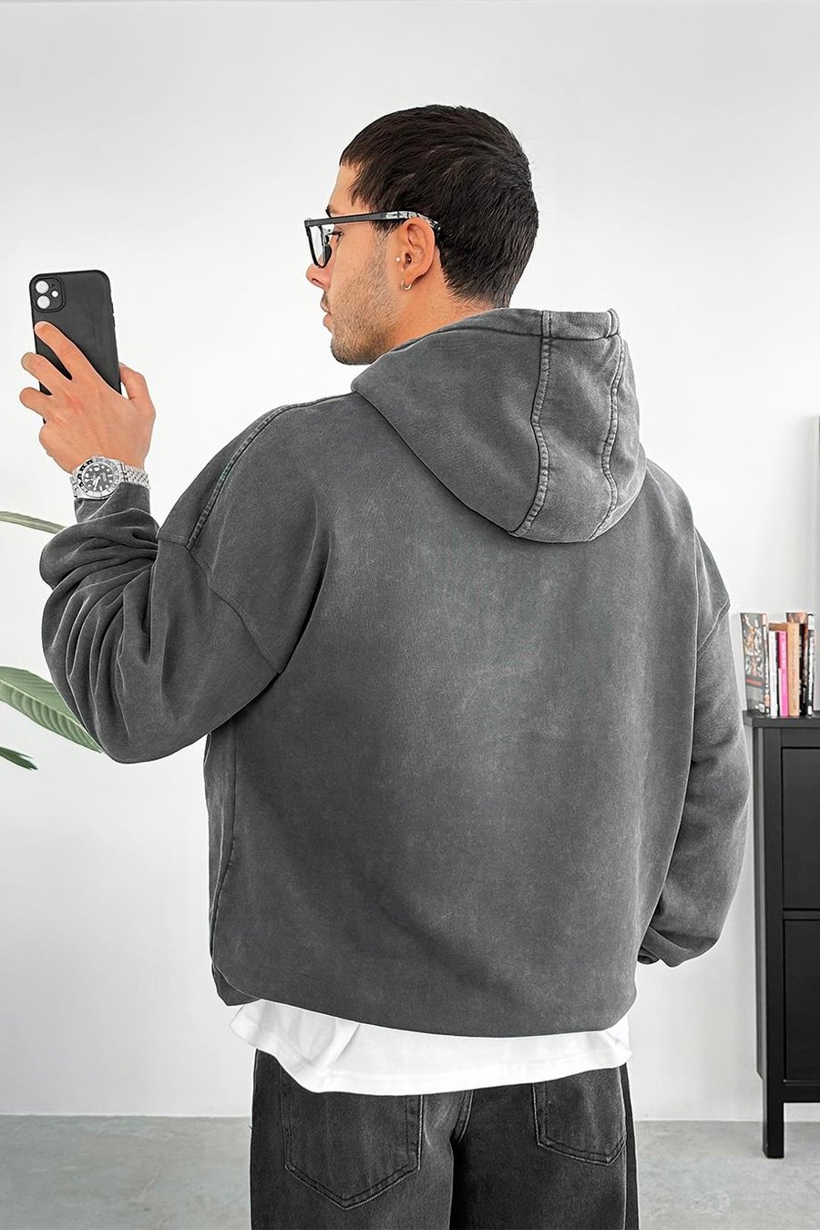 Koyu Gri Acid Wash Oversize Sweatshirt