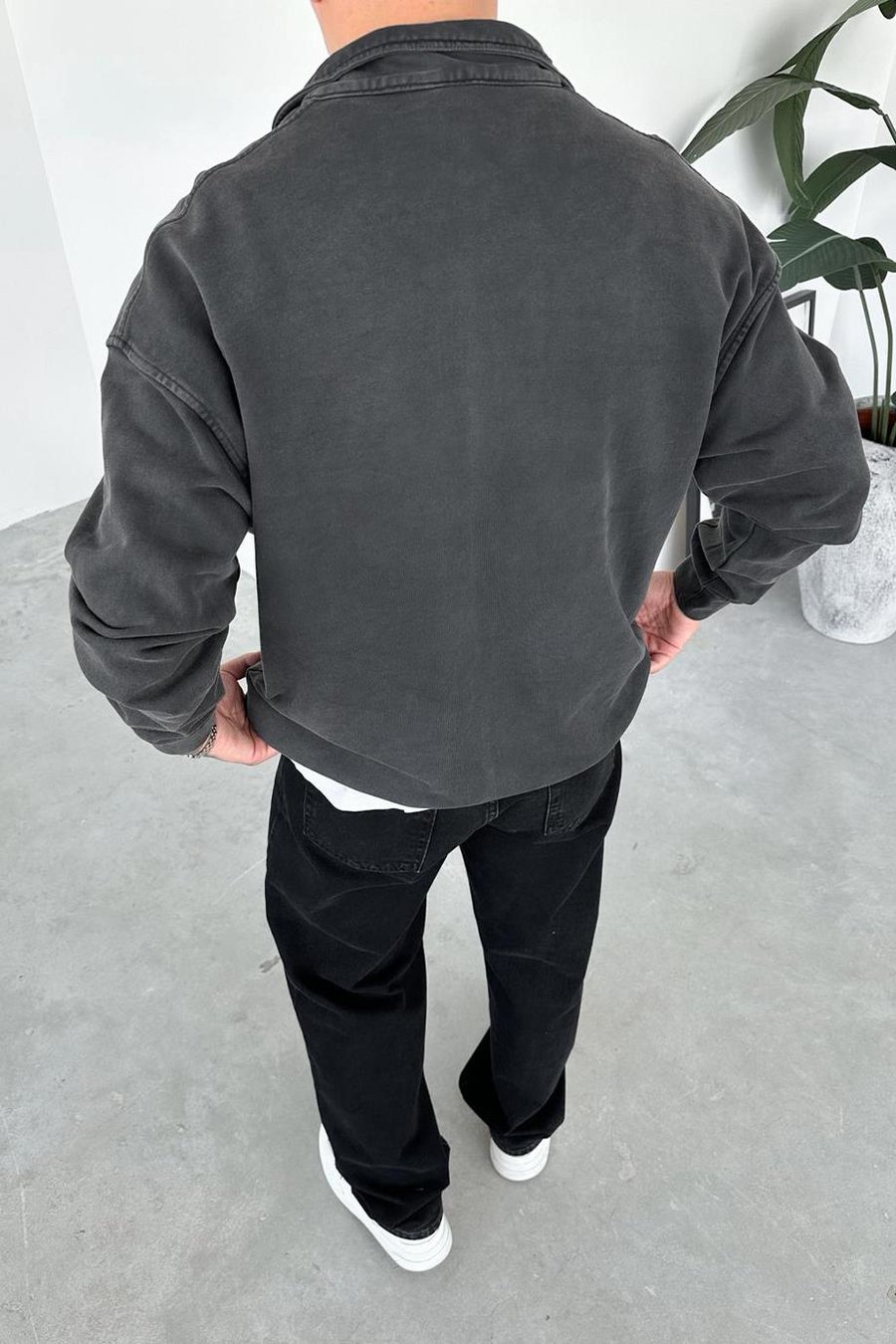 Koyu Gri Acid Wash Yarım Fermuar Oversize Sweatshirt