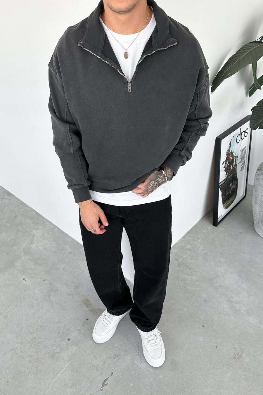 Koyu Gri Acid Wash Yarım Fermuar Oversize Sweatshirt