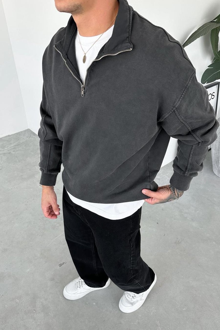 Koyu Gri Acid Wash Yarım Fermuar Oversize Sweatshirt