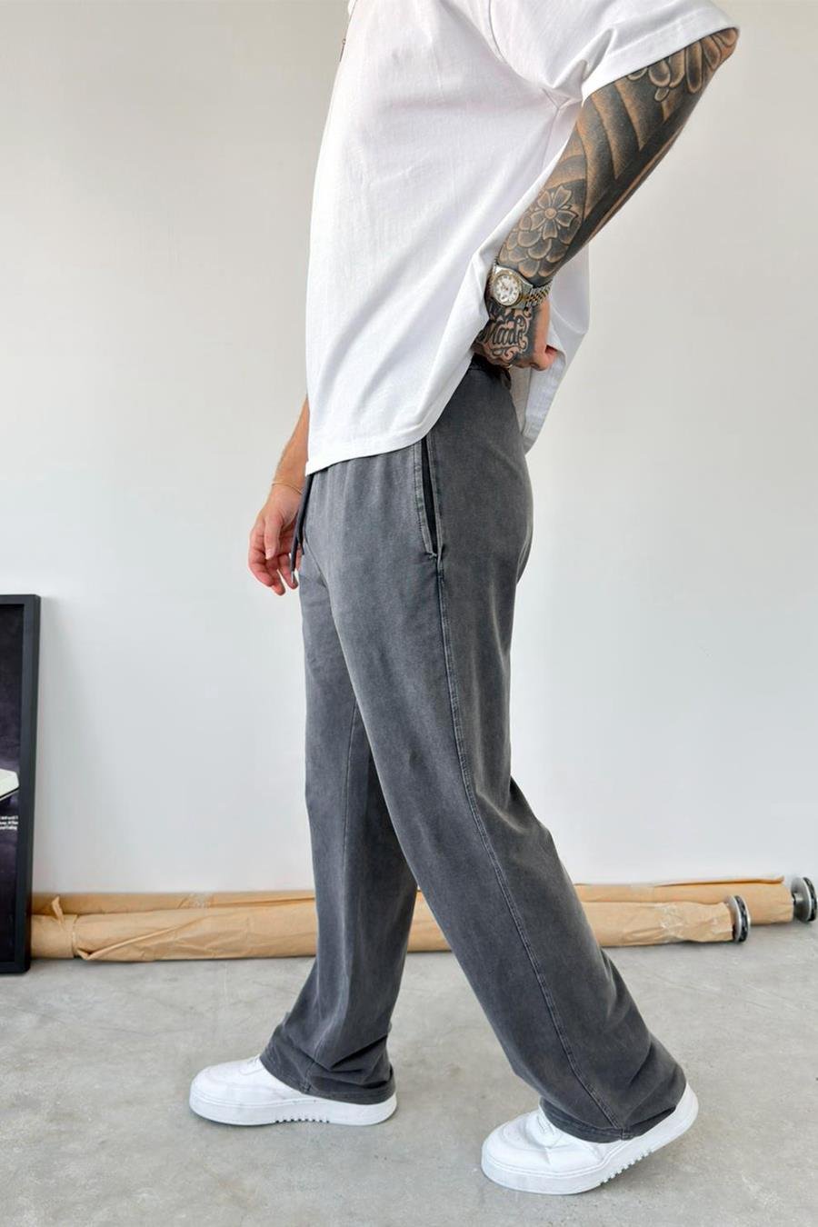 Koyu Gri Basic Yıkamalı Baggy Eşofman