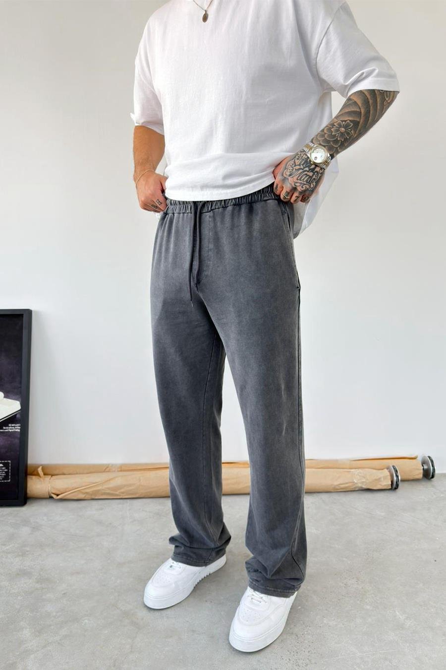 Koyu Gri Basic Yıkamalı Baggy Eşofman