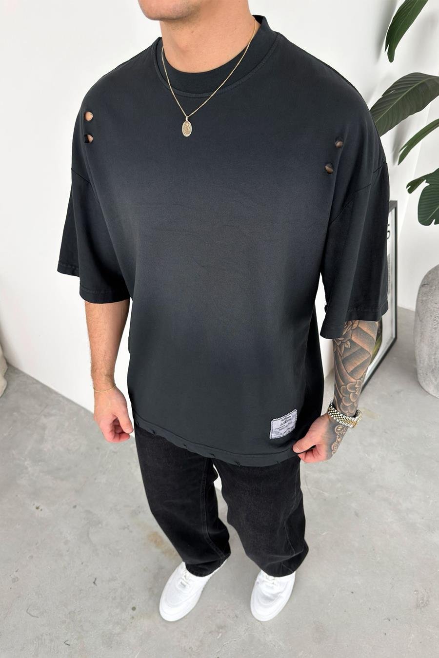 Koyu Gri Batik Yıkamalı Oversize Tişört