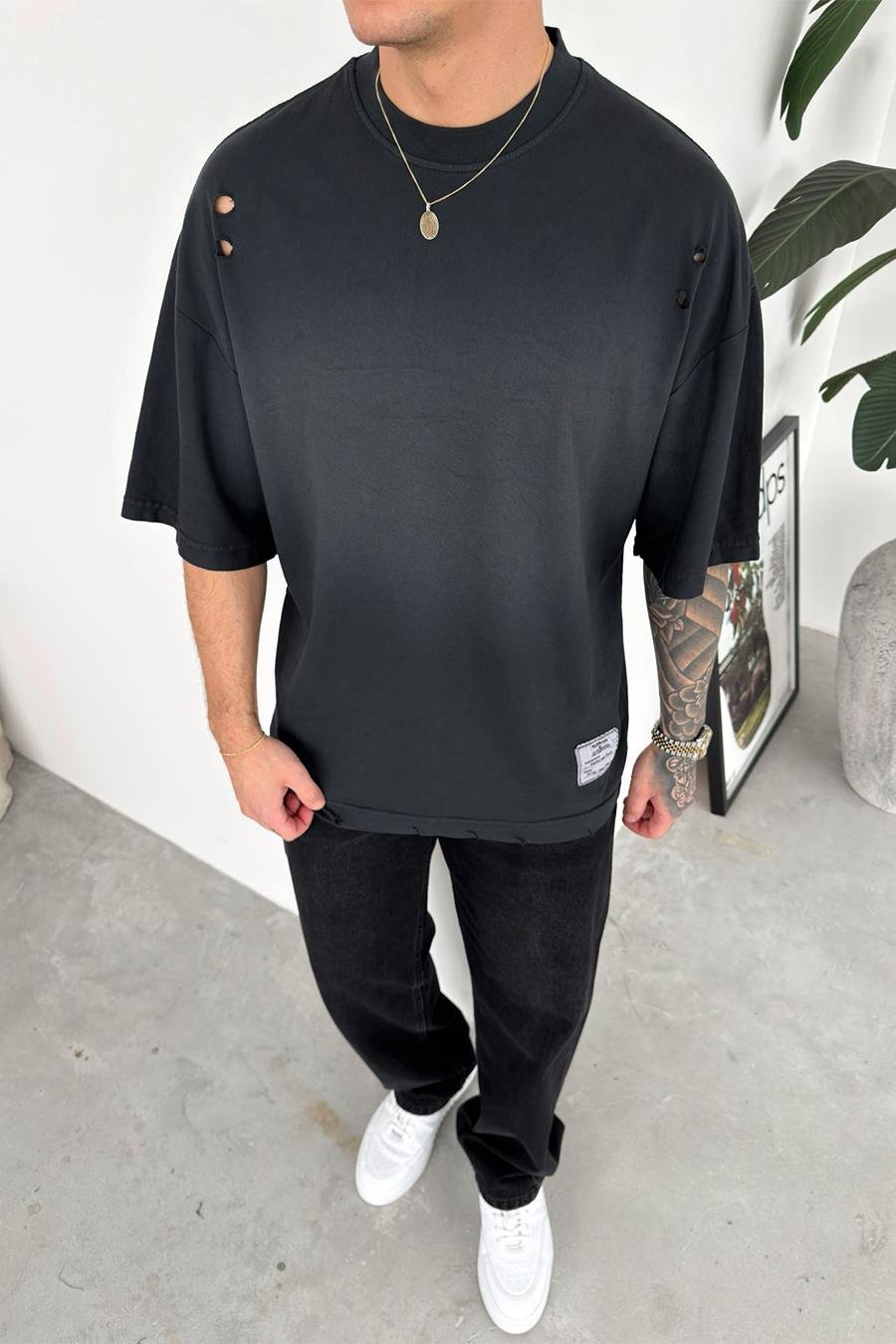Koyu Gri Batik Yıkamalı Oversize Tişört