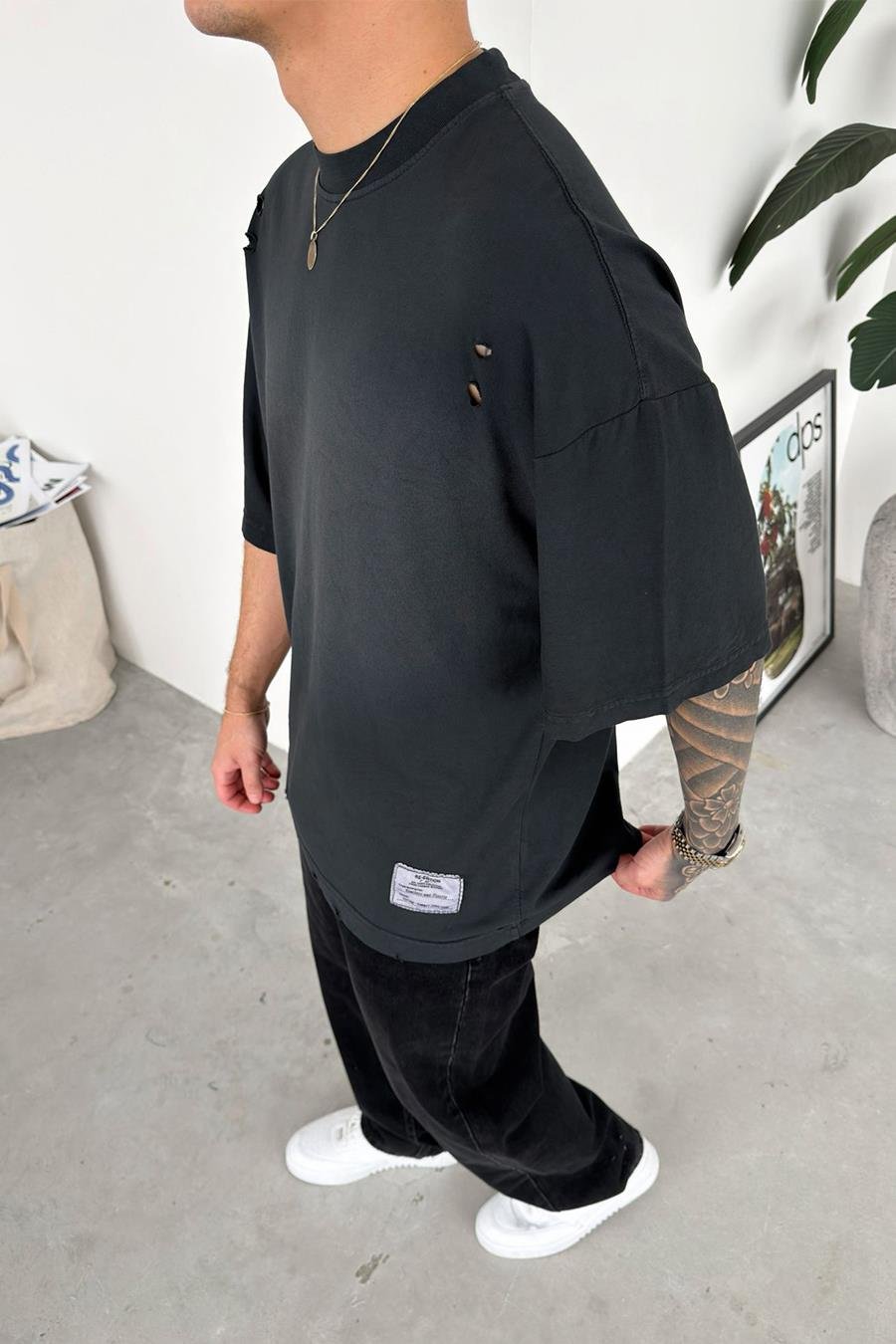 Koyu Gri Batik Yıkamalı Oversize Tişört