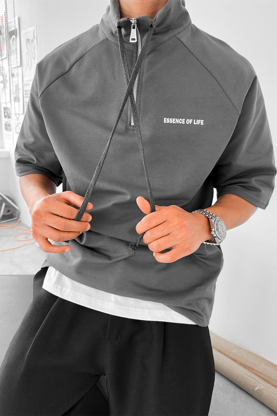 Koyu Gri Fermuarlı EE Oversize Polo Yaka Tişört