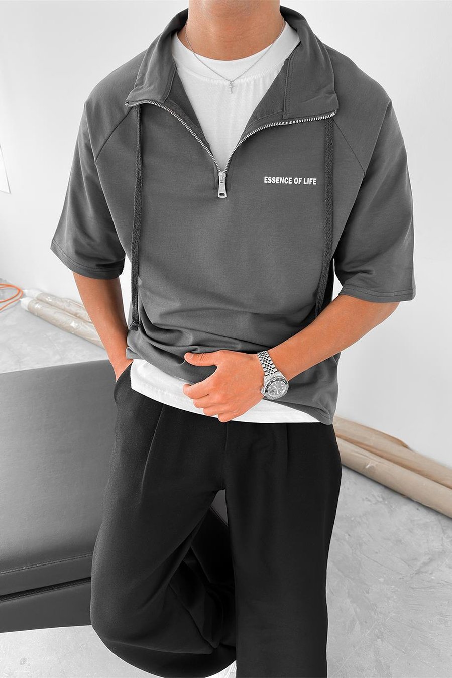 Koyu Gri Fermuarlı EE Oversize Polo Yaka Tişört