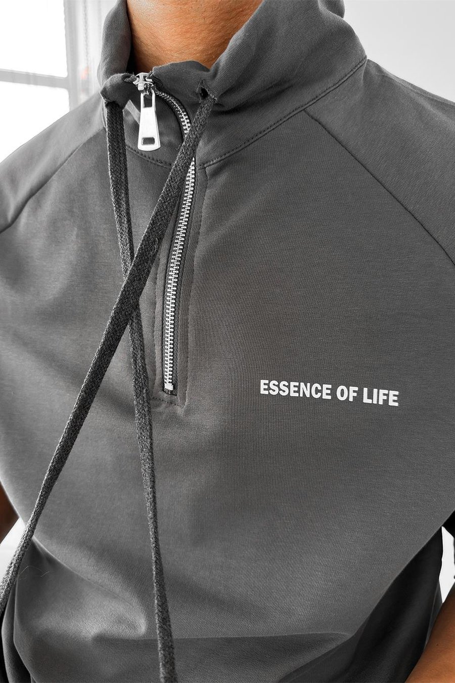 Koyu Gri Fermuarlı EE Oversize Polo Yaka Tişört
