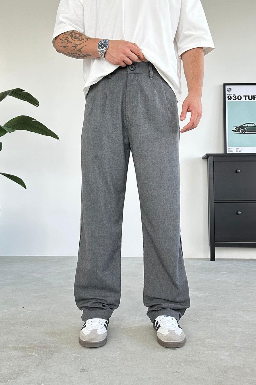 Koyu Gri Pile Detay Kumaş Baggy Pantolon