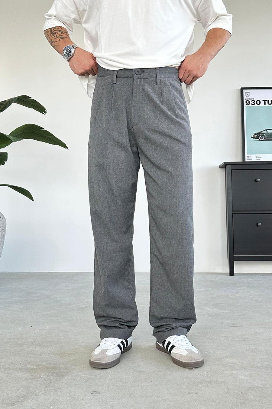 Koyu Gri Pile Detay Kumaş Baggy Pantolon