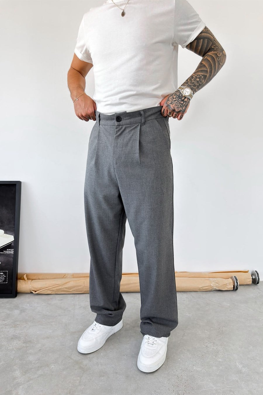 Koyu Gri Pileli Baggy Fit Kumaş Pantolon
